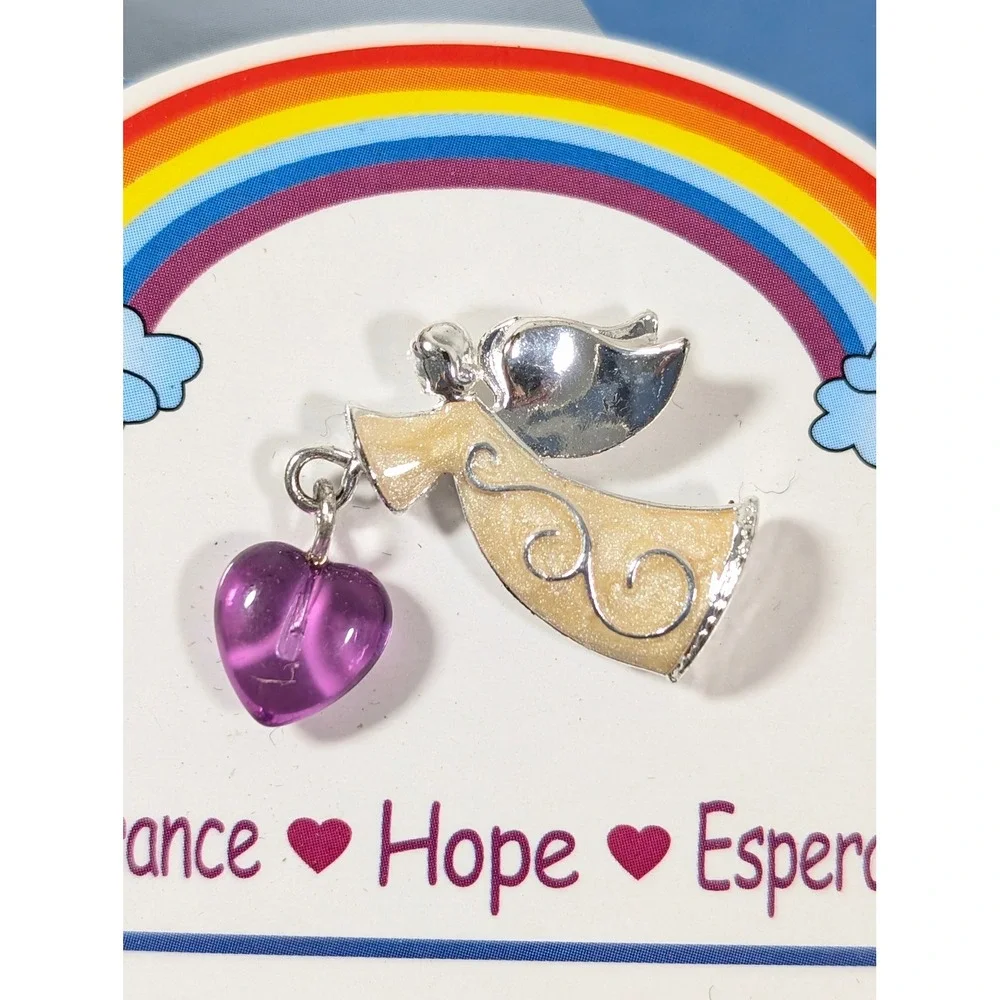 Avon 2003 Inspirational Angel Pin Purple Heart Charm White Enamel Brooch NIB
